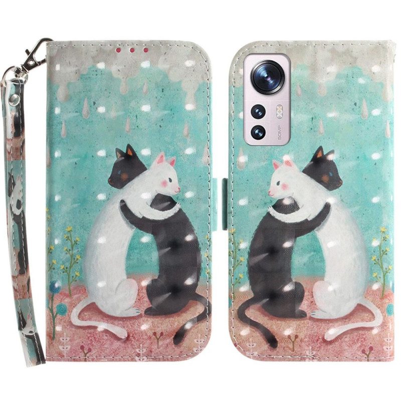 Flip Case voor Xiaomi 12 / 12X Met Ketting Zwarte Kat Witte Kat Met Riem