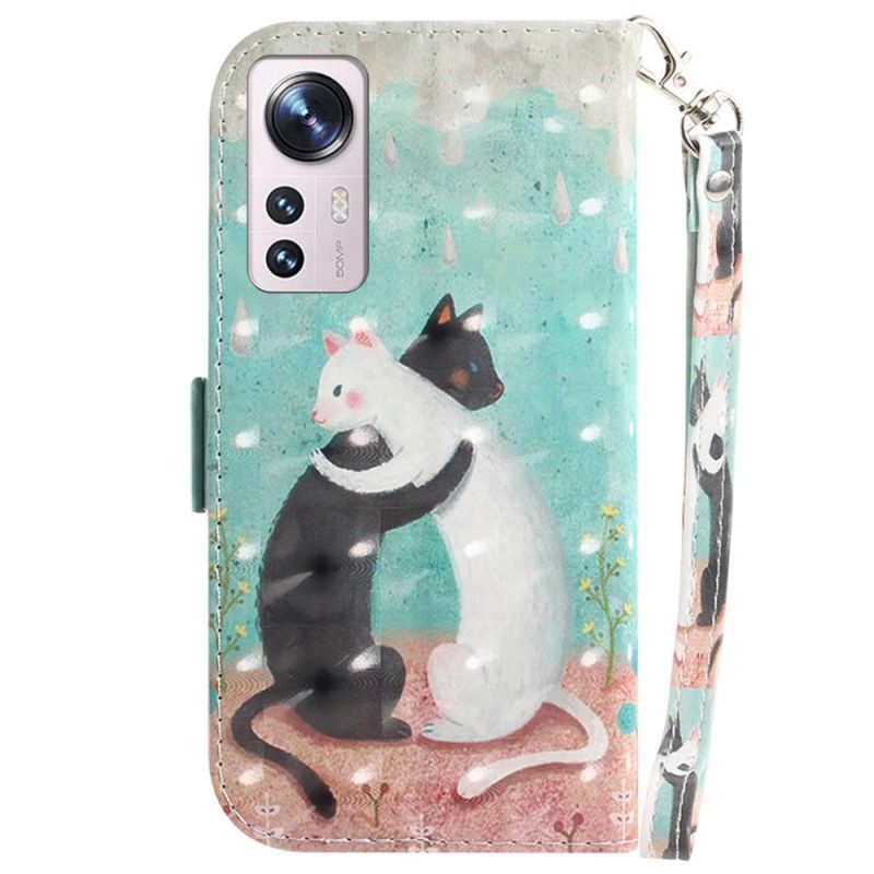 Flip Case voor Xiaomi 12 / 12X Met Ketting Zwarte Kat Witte Kat Met Riem