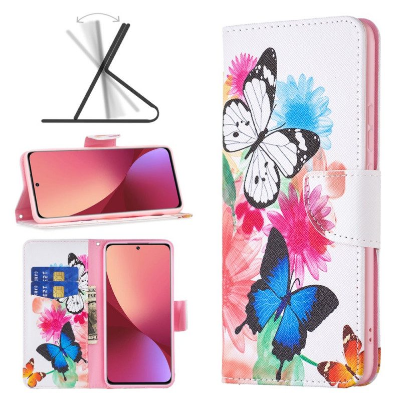 Folio-hoesje voor Xiaomi 12 / 12X Geschilderde Vlinders En Bloemen