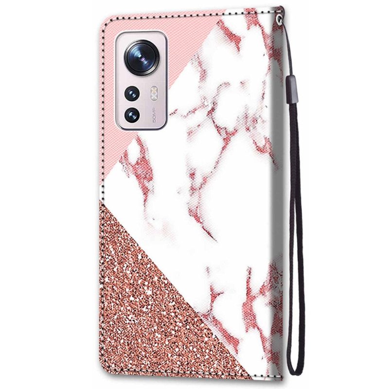 Folio-hoesje voor Xiaomi 12 / 12X Marmer En Glitterdriehoek