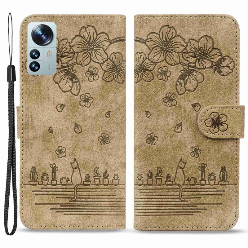 Folio-hoesje voor Xiaomi 12 / 12X Met Ketting Bloemen String Kat