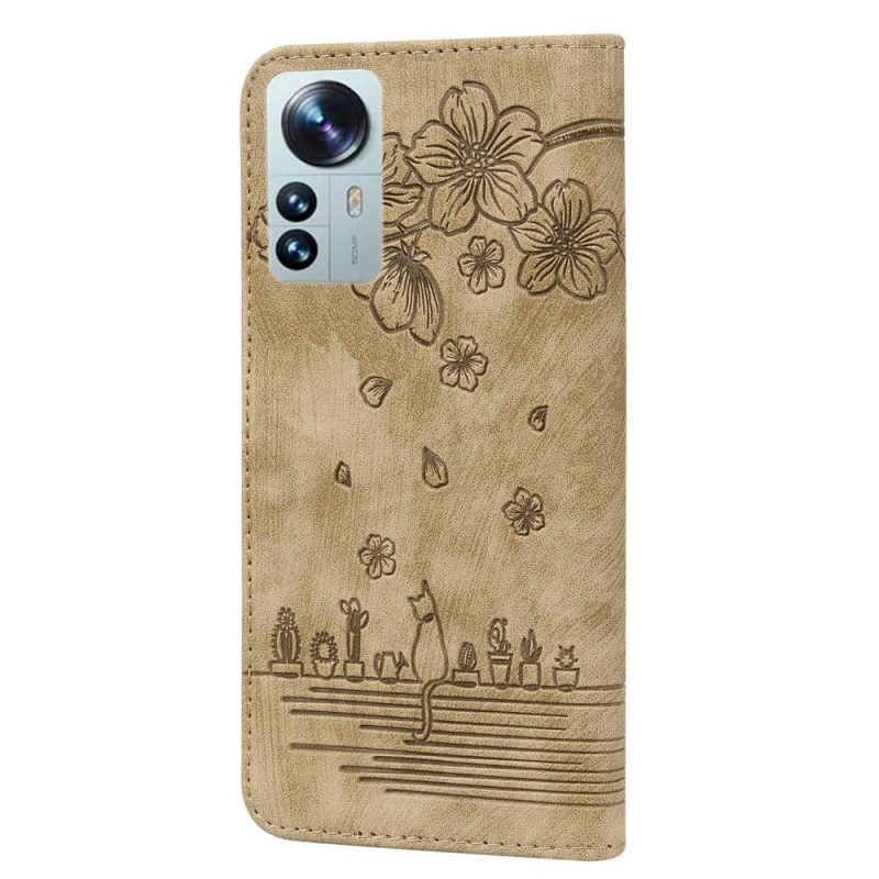 Folio-hoesje voor Xiaomi 12 / 12X Met Ketting Bloemen String Kat