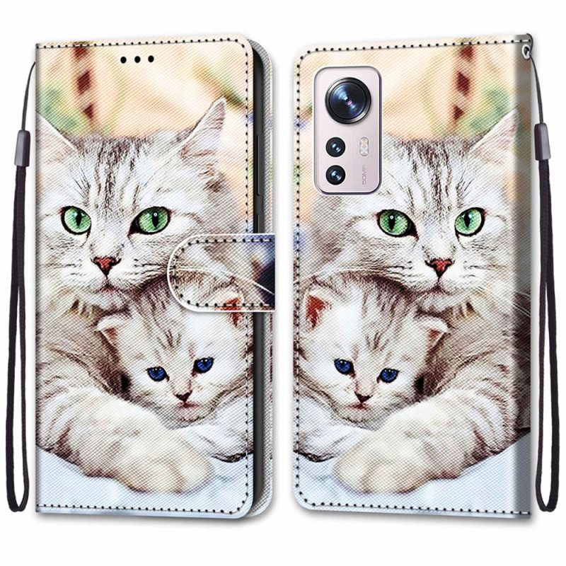 Folio-hoesje voor Xiaomi 12 / 12X Met Ketting Strappy Cat-familie