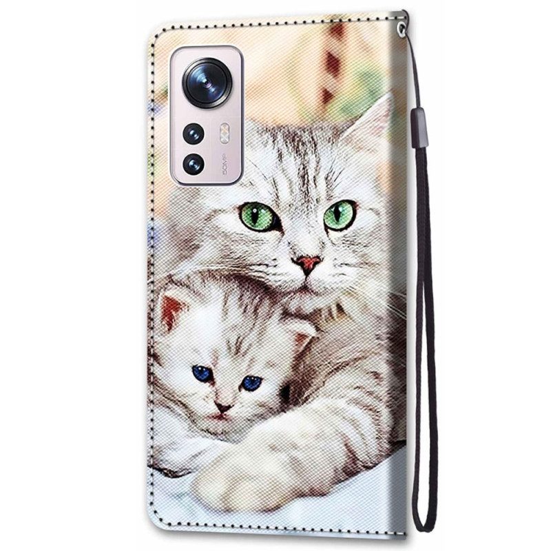 Folio-hoesje voor Xiaomi 12 / 12X Met Ketting Strappy Cat-familie