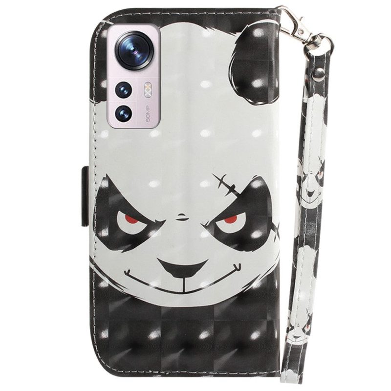 Leren Hoesje voor Xiaomi 12 / 12X Met Ketting Boze Panda Met Lanyard