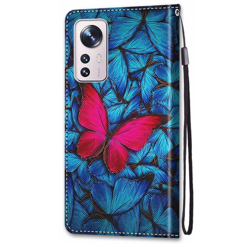 Leren Hoesje voor Xiaomi 12 / 12X Met Ketting Rode Vlinder Met Riem