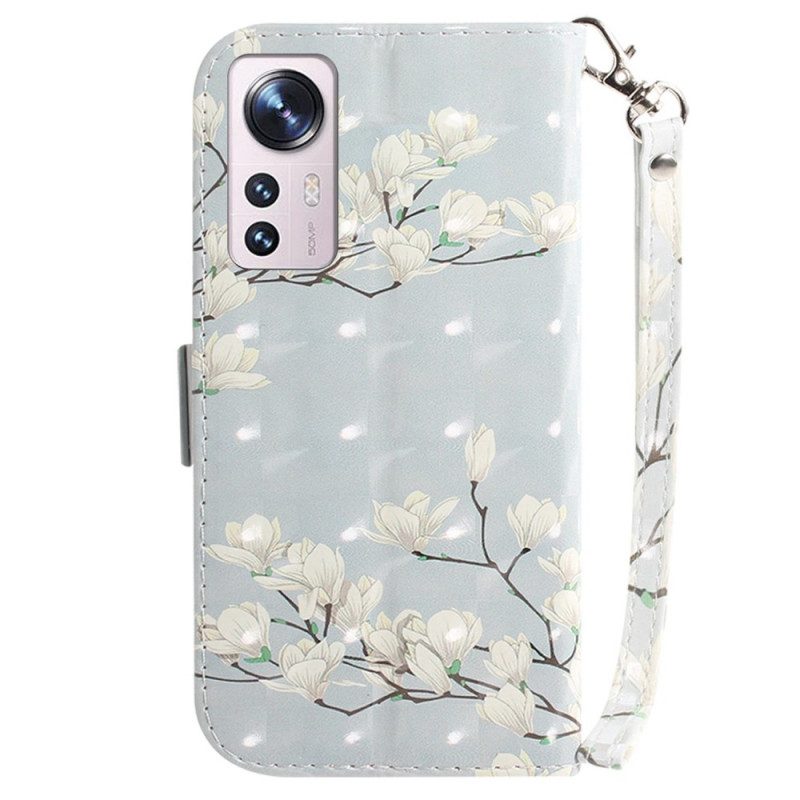 Leren Hoesje voor Xiaomi 12 / 12X Met Ketting Witte Bloemen Met Bandjes