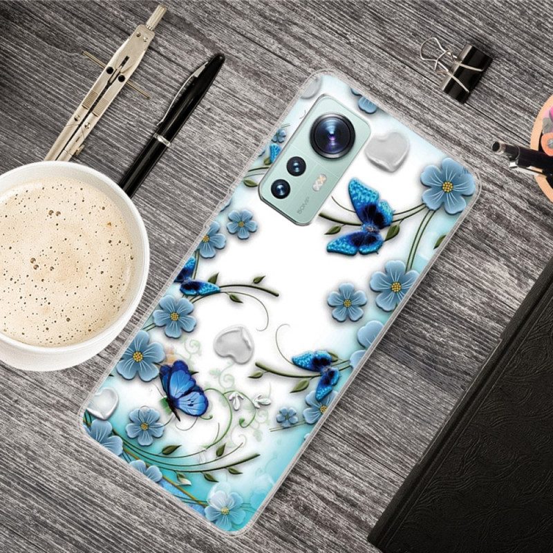 Telefoonhoesje voor Xiaomi 12 / 12X Blauwe Bloemen En Vlinders