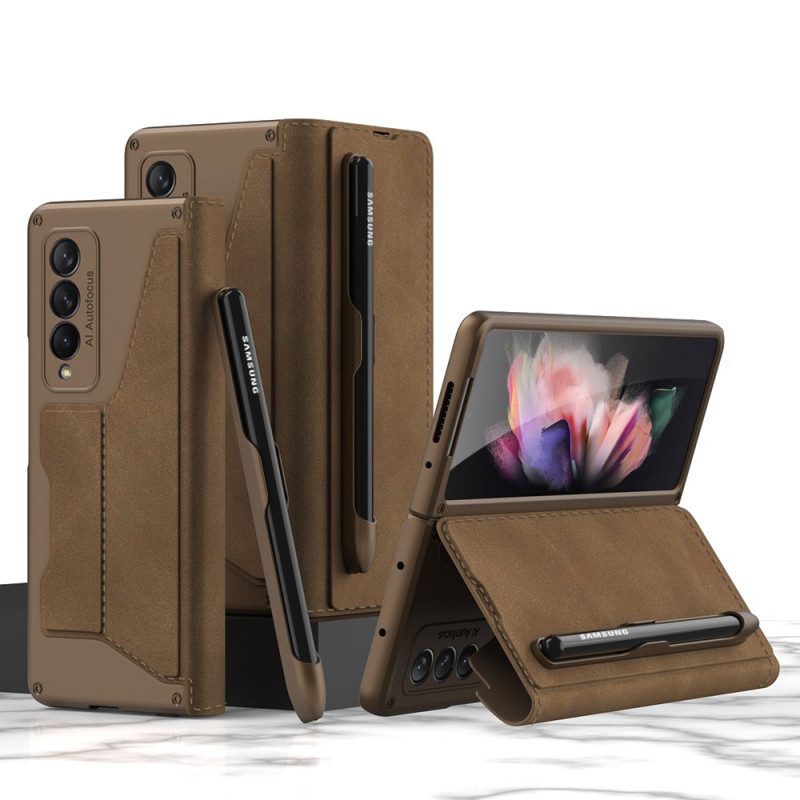 Bescherming Hoesje voor Samsung Galaxy Z Fold 3 5G Folio-hoesje Gkk-stylushouder Van Kunstleer