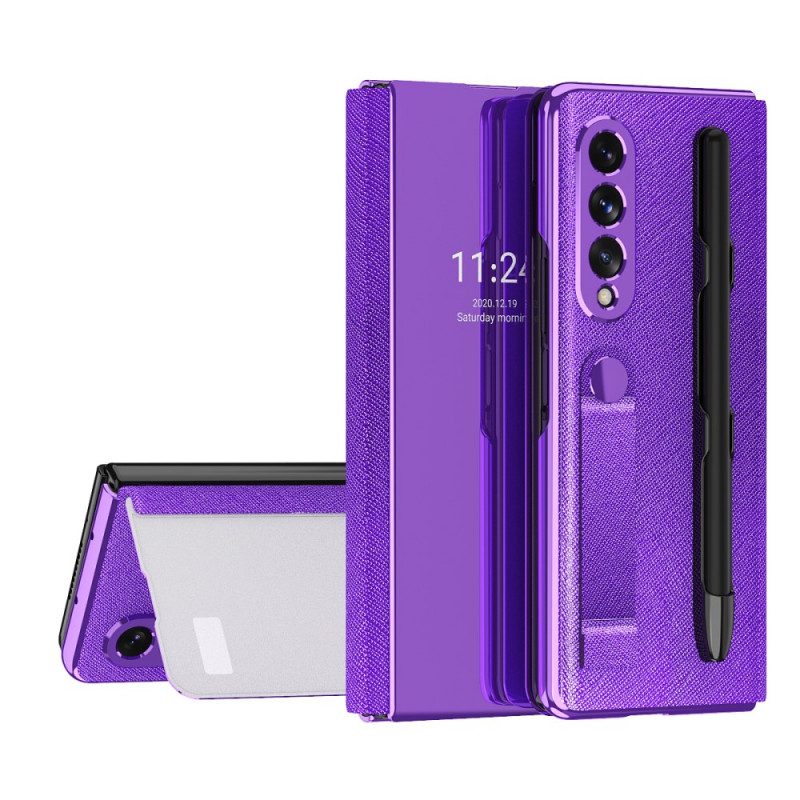 Bescherming Hoesje voor Samsung Galaxy Z Fold 3 5G Folio-hoesje Spiegel Pennenhouder En Riem