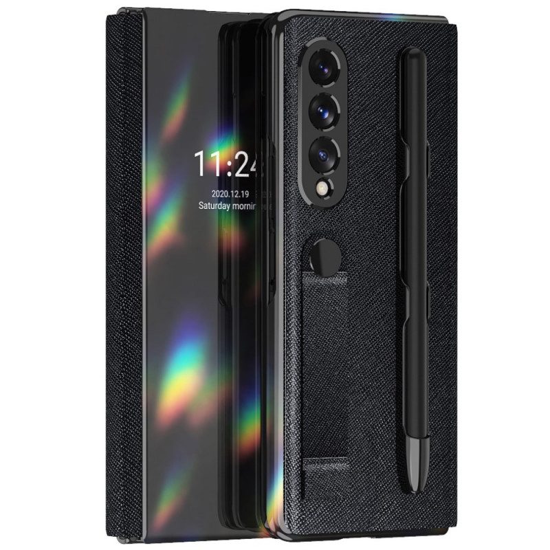 Bescherming Hoesje voor Samsung Galaxy Z Fold 3 5G Folio-hoesje Spiegel Pennenhouder En Riem