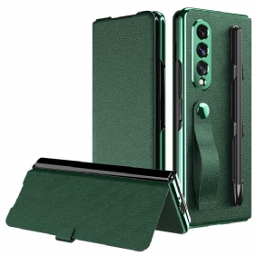 Bescherming Hoesje voor Samsung Galaxy Z Fold 3 5G Folio-hoesje Stijl Litchi Lederen Stylushouder En Riem