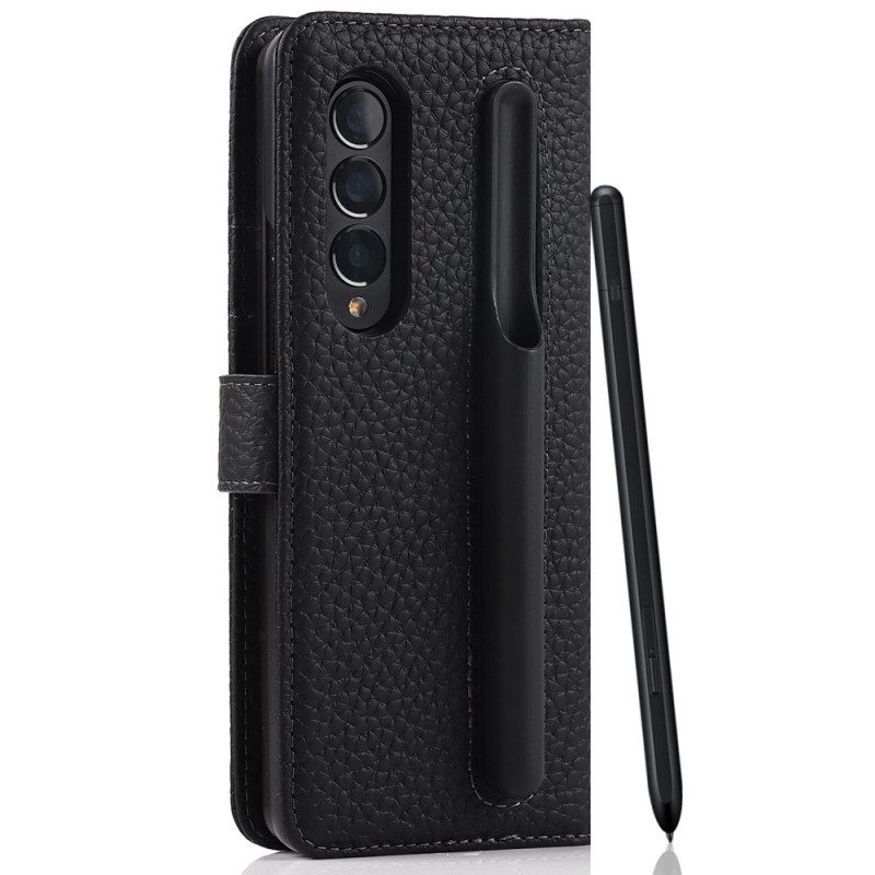 Leren Hoesje voor Samsung Galaxy Z Fold 3 5G Echte Litchi Lederen Pennenhouder