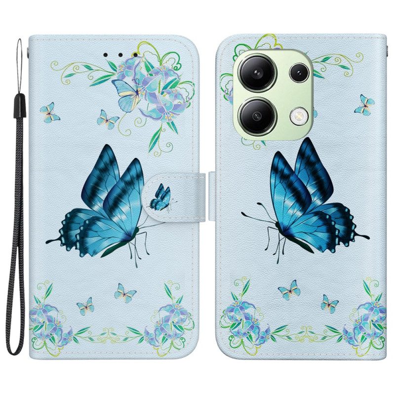 Flip Case Leren Xiaomi Redmi Note 13 4g Blauwe Vlinder En Bloemen Met Riempje