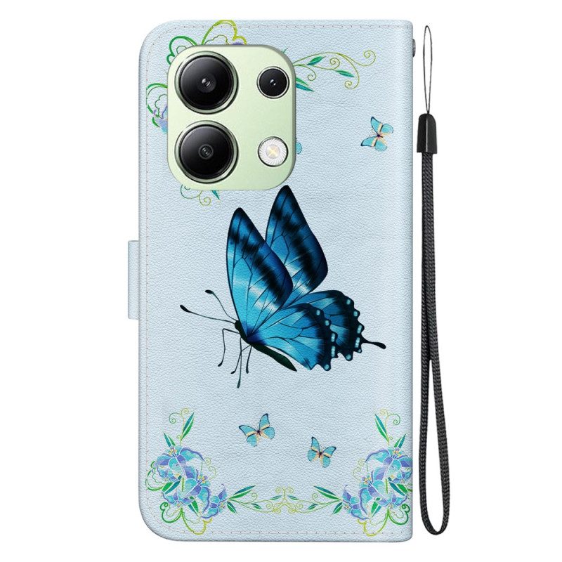 Flip Case Leren Xiaomi Redmi Note 13 4g Blauwe Vlinder En Bloemen Met Riempje