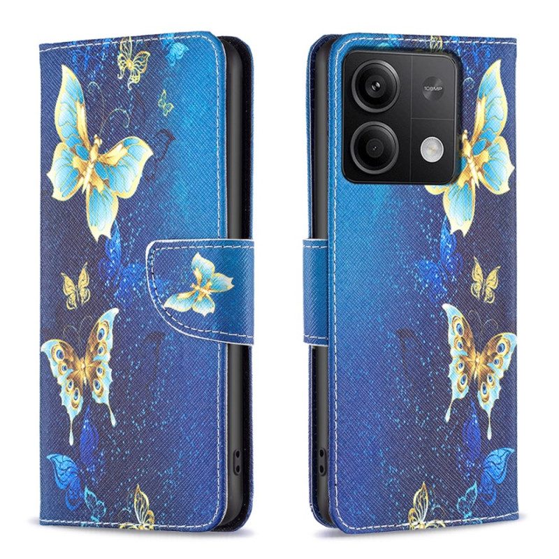 Folio-hoesje Xiaomi Redmi Note 13 4g Telefoonhoesje Gouden Vlinders Op Blauwe Achtergrond