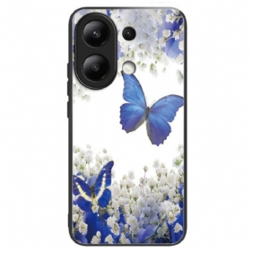 Hoesje Xiaomi Redmi Note 13 4g Blauwe Vlinders Van Gehard Glas Bescherming Hoesje