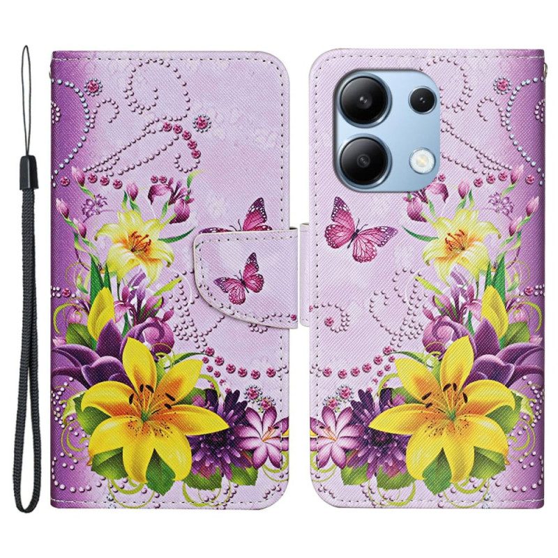 Leren Hoesje Voor Xiaomi Redmi Note 13 4g Bloemen- En Vlinderpatroon Met Riempje