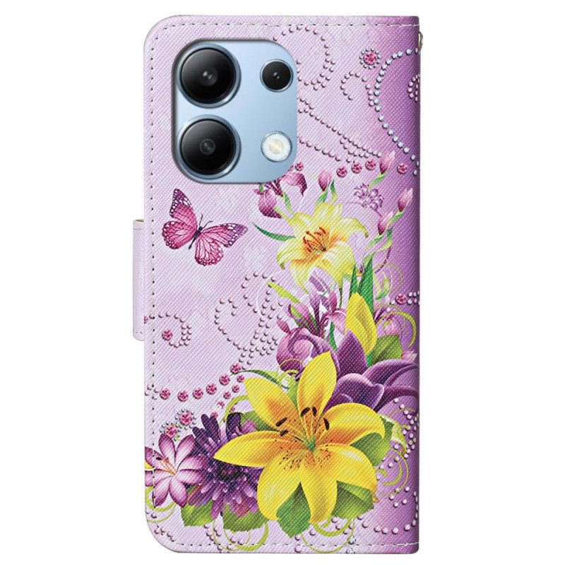 Leren Hoesje Voor Xiaomi Redmi Note 13 4g Bloemen- En Vlinderpatroon Met Riempje