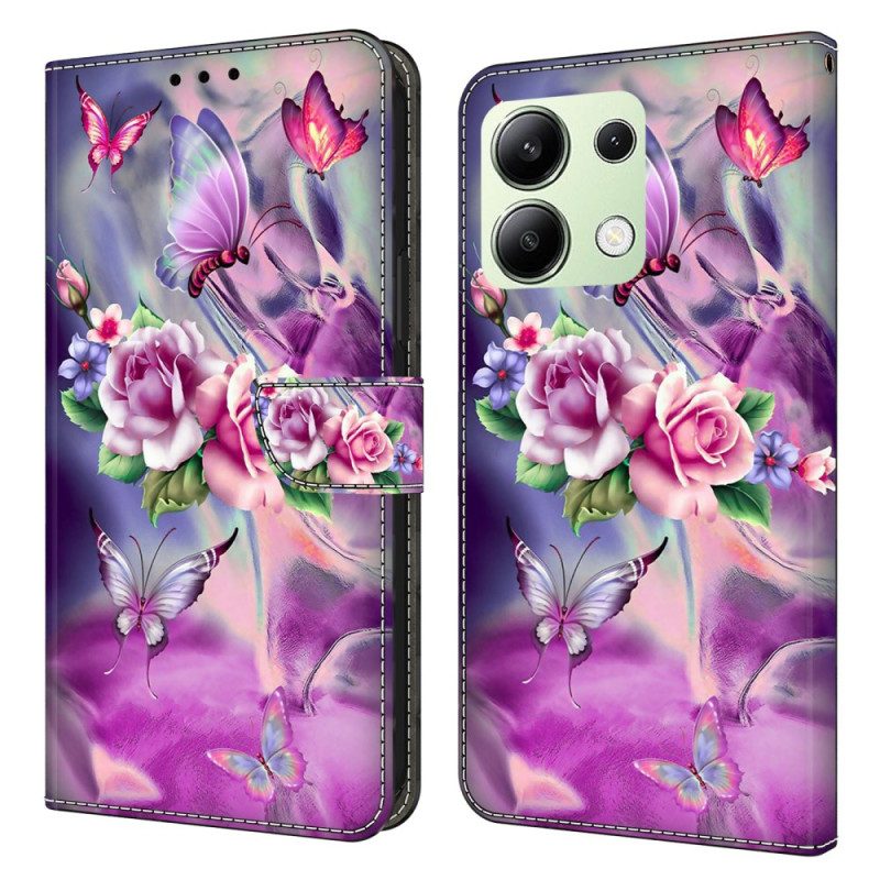 Leren Hoesje Xiaomi Redmi Note 13 4g Vlinders En Violette Bloemen Bescherming Hoesje