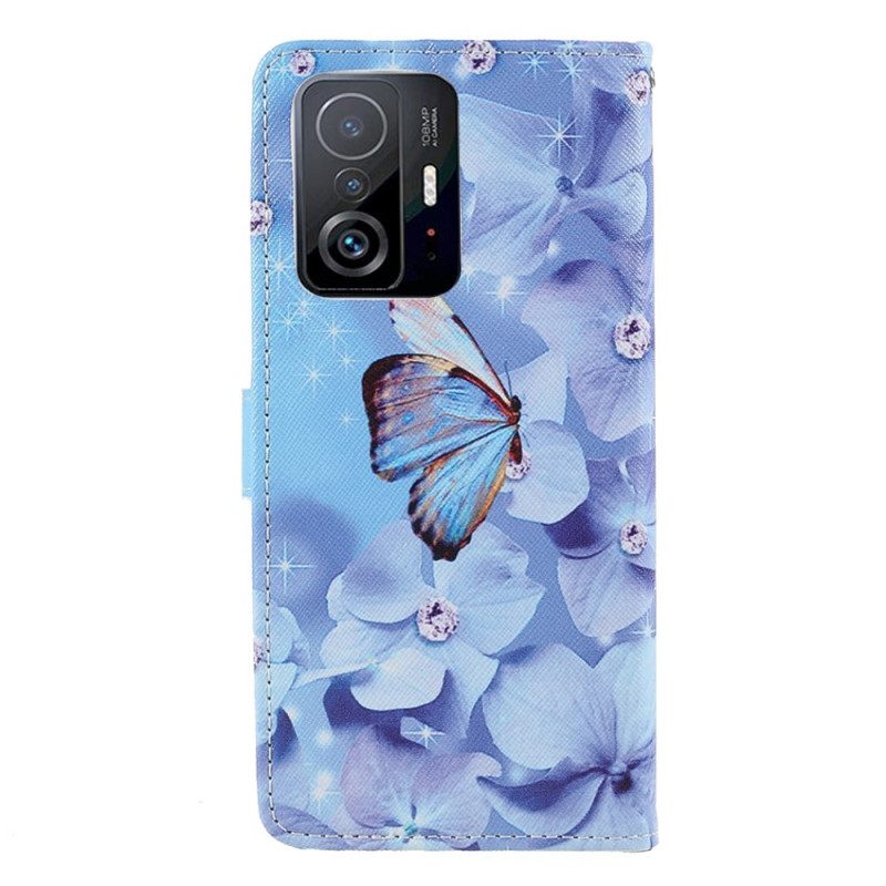 Folio-hoesje voor Xiaomi 11T / 11T Pro Met Ketting Strappy Diamanten Vlinders