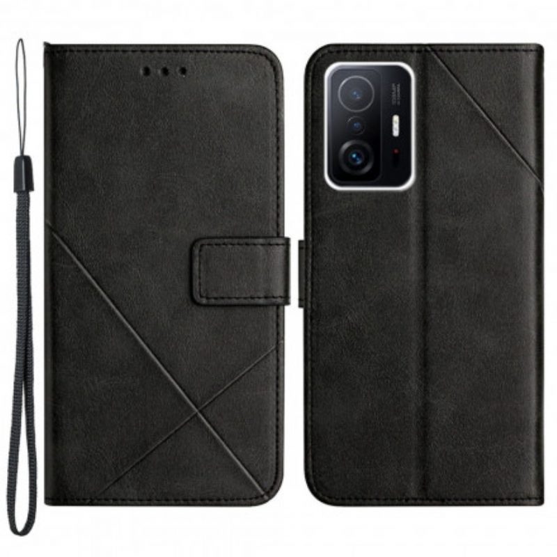 Folio-hoesje voor Xiaomi 11T / 11T Pro Met Ketting Strappy Geometrische Lederen Stijl