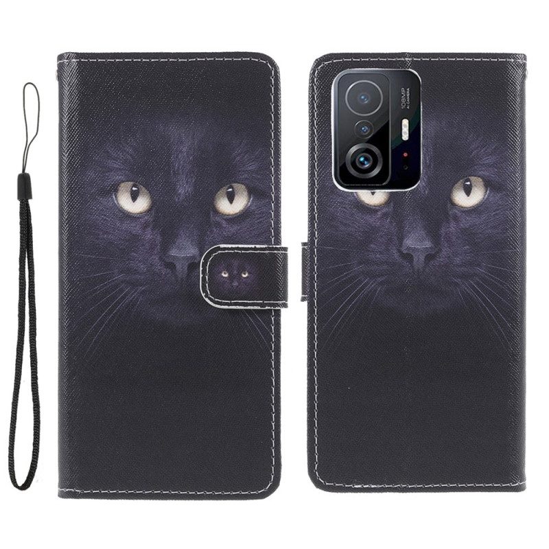 Folio-hoesje voor Xiaomi 11T / 11T Pro Met Ketting Strappy Zwarte Kattenogen