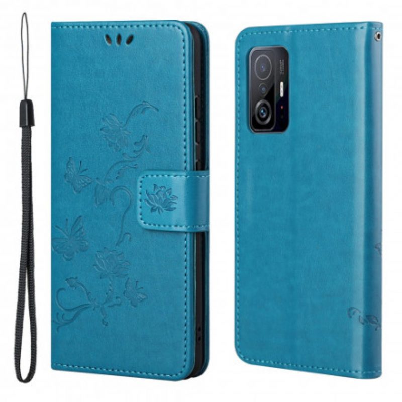 Folio-hoesje voor Xiaomi 11T / 11T Pro Met Ketting String Vlinders En Bloemen