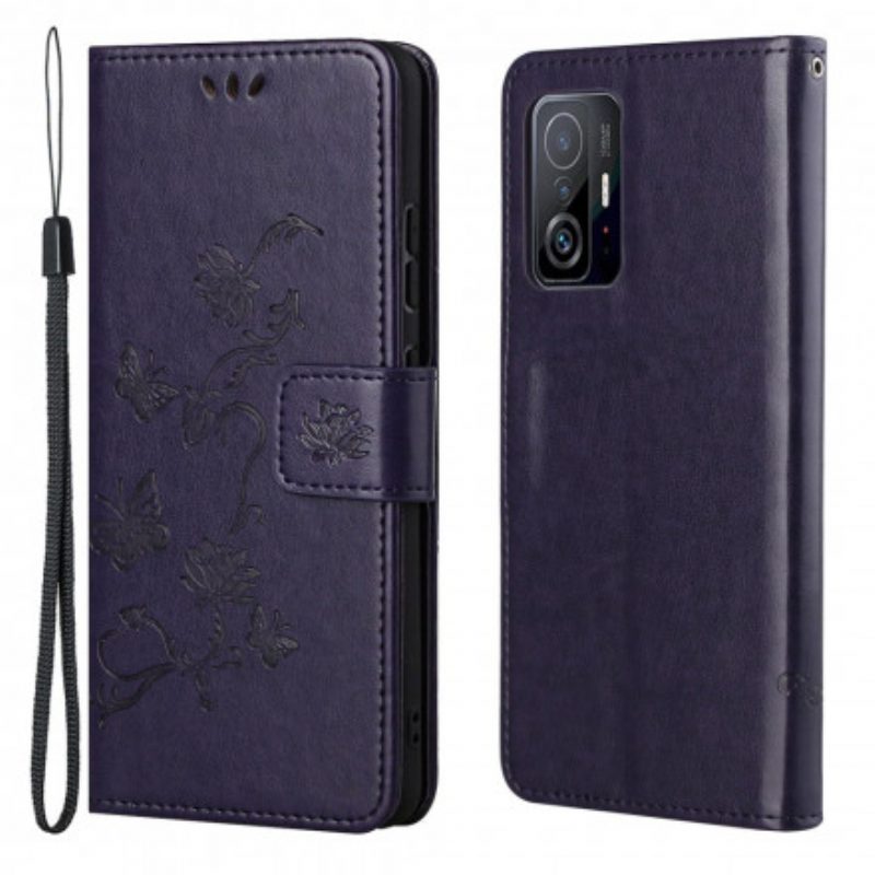 Folio-hoesje voor Xiaomi 11T / 11T Pro Met Ketting String Vlinders En Bloemen