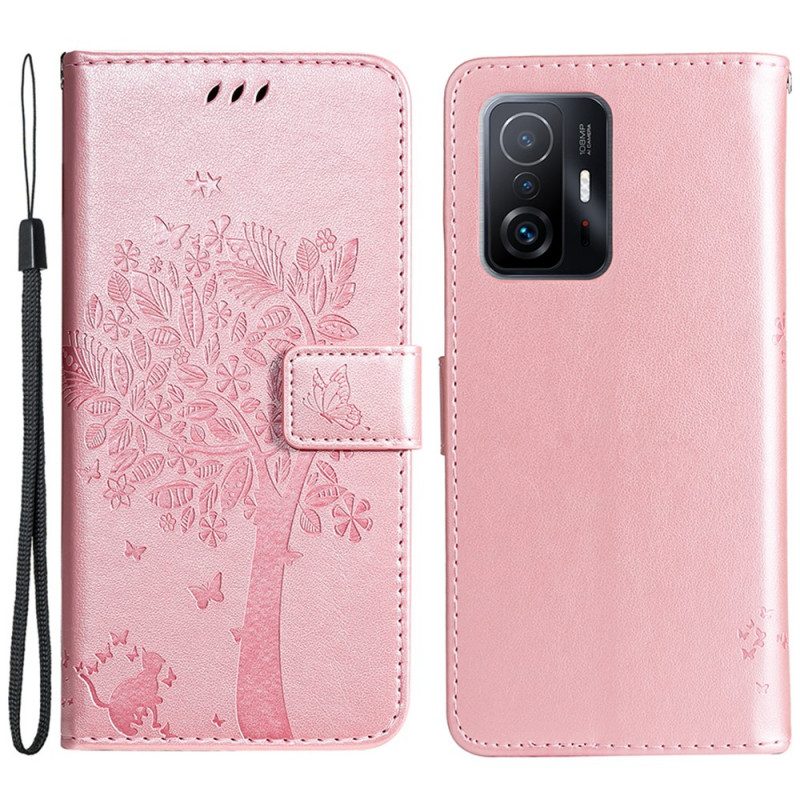 Leren Hoesje voor Xiaomi 11T / 11T Pro Met Ketting Boom En Strappy Cat