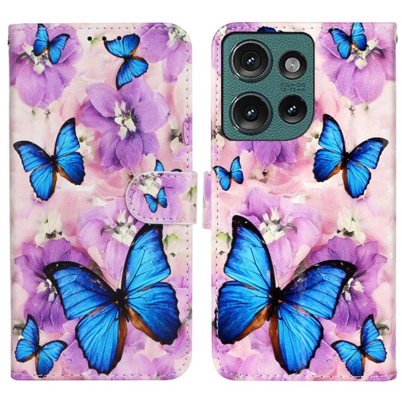 Leren Hoesje Voor Motorola Edge 50 Paarse Bloemen En Blauwe Vlinders Premium