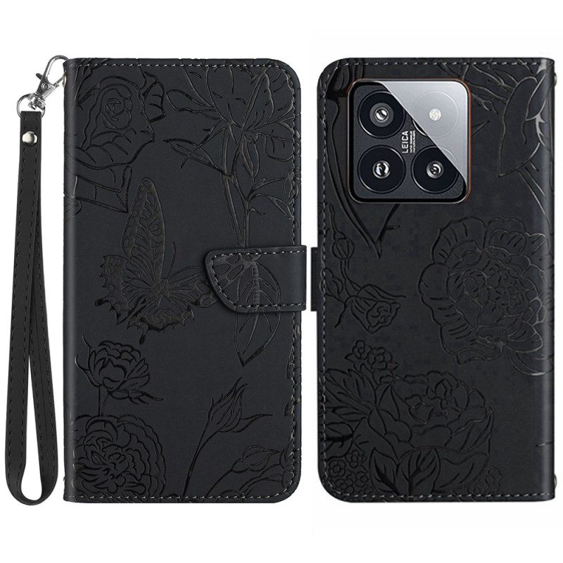 Flip Case Leren Xiaomi 14 Vlinderprint Met Bandje