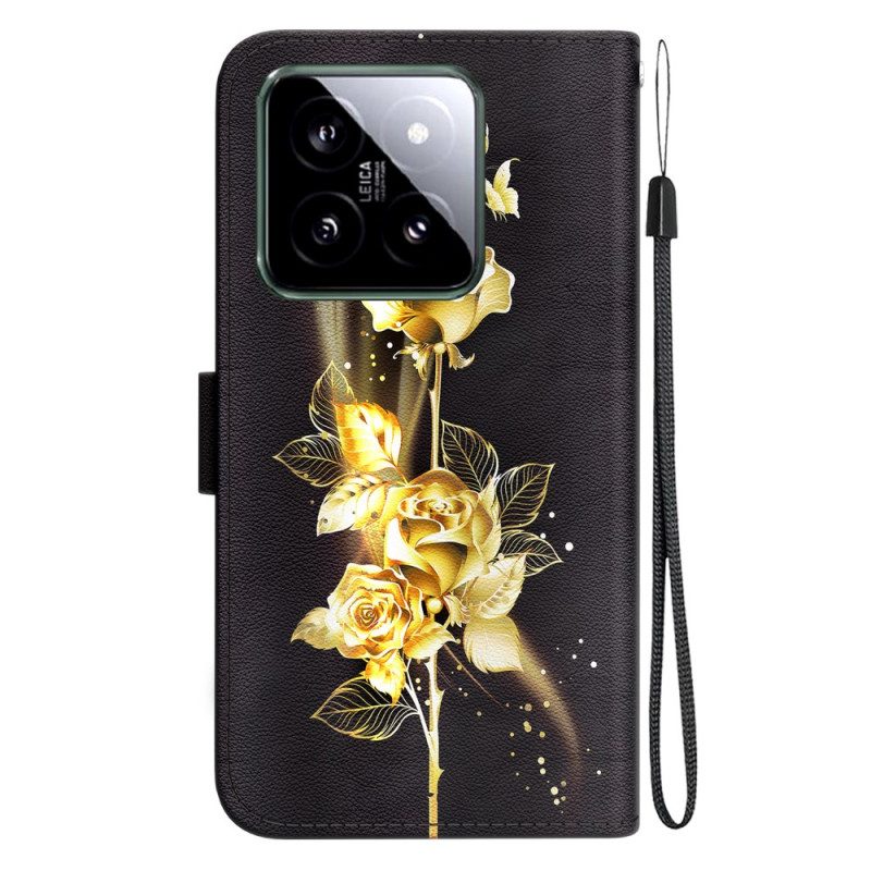 Flip Case Leren Xiaomi 14 Vlinders En Rozen Goud