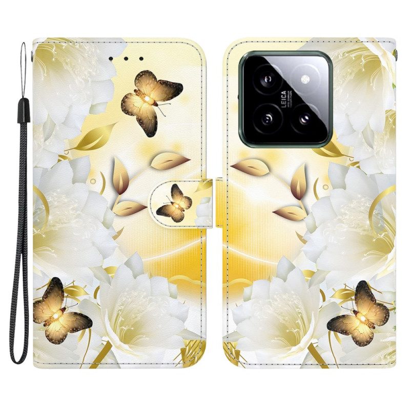 Folio-hoesje Xiaomi 14 Telefoonhoesje Gouden Vlinders En Witte Bloemen Met Riempje