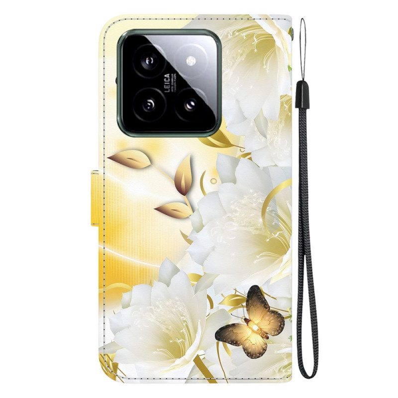 Folio-hoesje Xiaomi 14 Telefoonhoesje Gouden Vlinders En Witte Bloemen Met Riempje