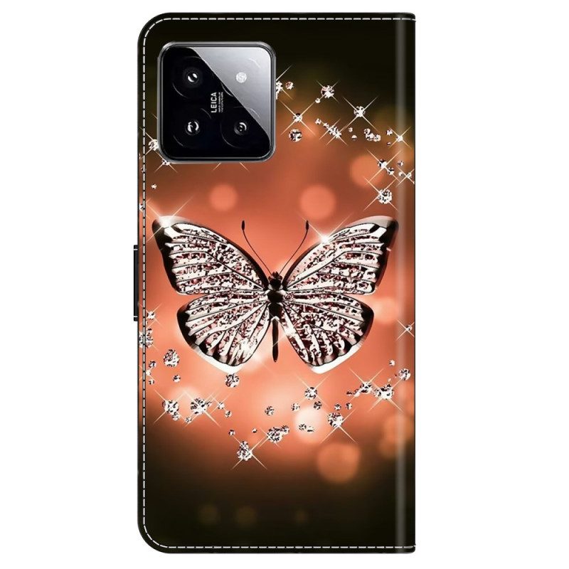 Leren Hoesje Voor Xiaomi 14 Kristallen Vlinders