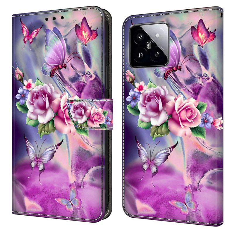 Leren Hoesje Voor Xiaomi 14 Paarse Vlinders En Bloemen