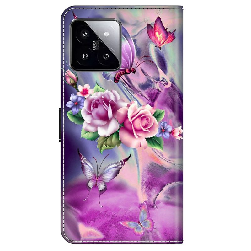 Leren Hoesje Voor Xiaomi 14 Paarse Vlinders En Bloemen