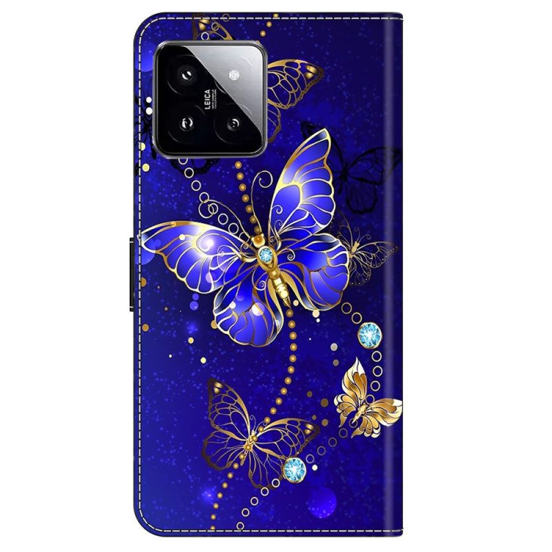 Leren Hoesje Xiaomi 14 Diamantvlinders Bescherming Hoesje