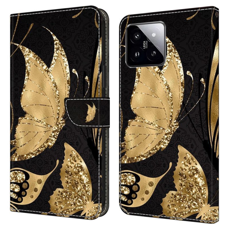 Leren Hoesje Xiaomi 14 Gouden Vlinder Bescherming Hoesje