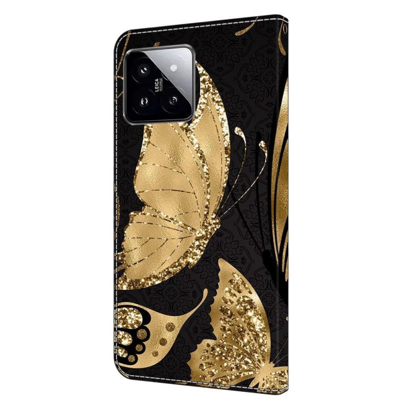 Leren Hoesje Xiaomi 14 Gouden Vlinder Bescherming Hoesje