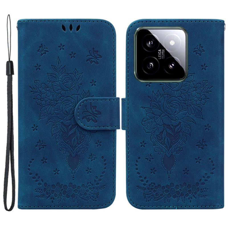 Leren Hoesje Xiaomi 14 Patroon Met Rozen En Vlinders