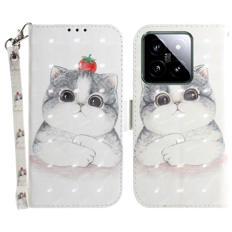 Leren Hoesje Xiaomi 14 Schattige Kat Met Riem Bescherming Hoesje