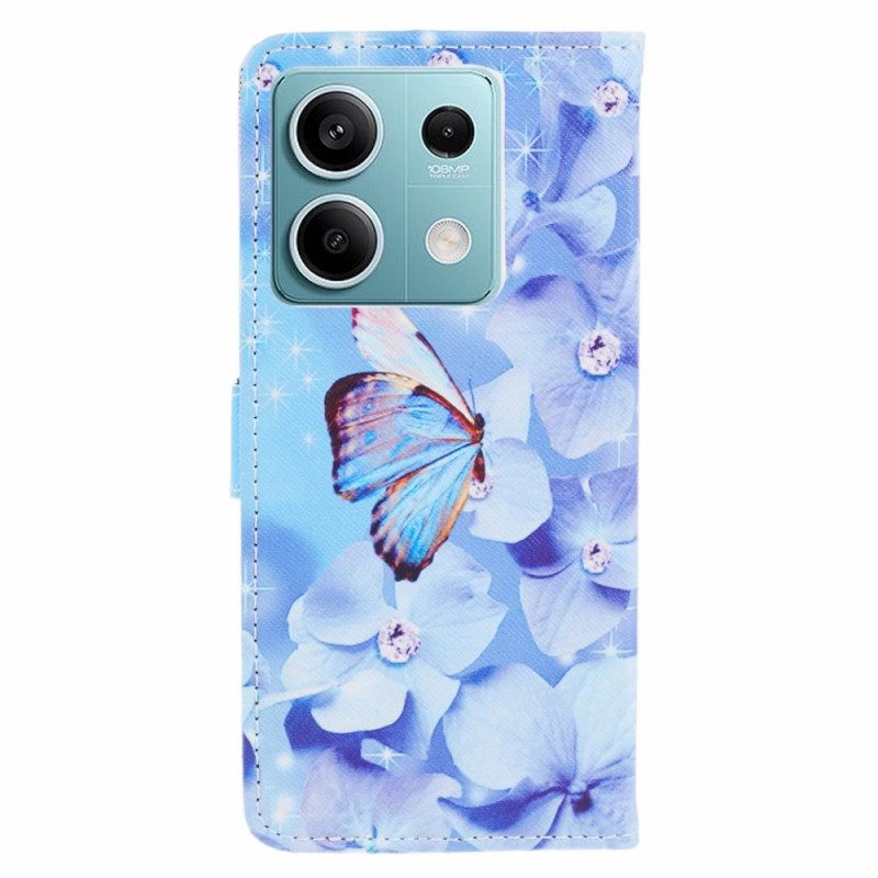 Leren Hoesje Voor Xiaomi Redmi Note 13 Pro 5g Blauwe Bloemen En Vlinder Met Riempje