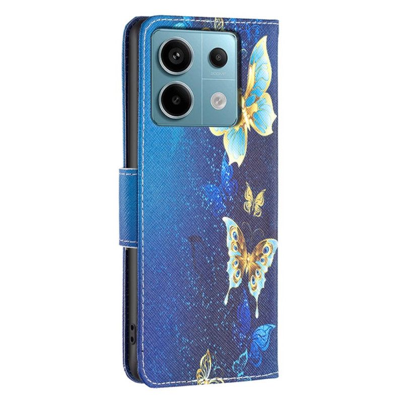 Leren Hoesje Xiaomi Redmi Note 13 Pro 5g Gouden Vlinders Op Blauwe Achtergrond Bescherming Hoesje