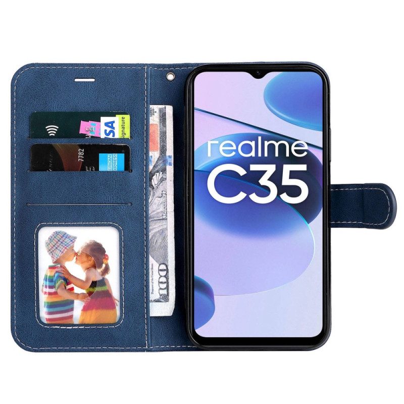 Leren Hoesje voor Realme C35 Met Ketting Driekleurig Leereffect Met Bandjes