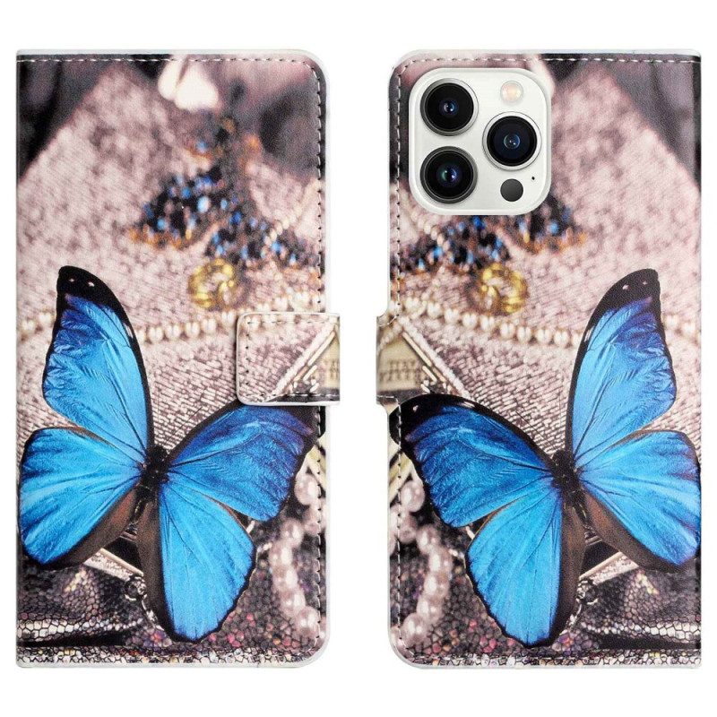 Flip Case voor iPhone 14 Pro Blauwe Vlinder