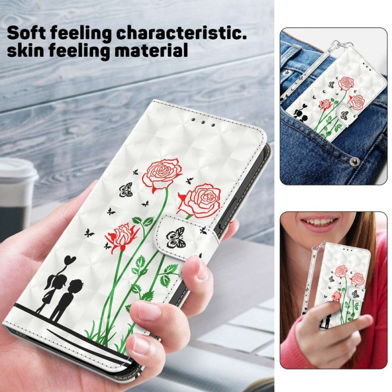 Folio-hoesje voor iPhone 14 Pro Met Ketting Lanyard Liefde Paardebloemen