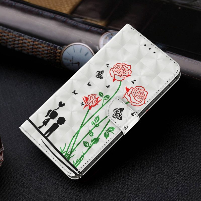 Folio-hoesje voor iPhone 14 Pro Met Ketting Lanyard Liefde Paardebloemen