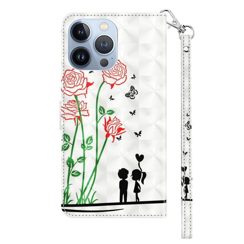 Folio-hoesje voor iPhone 14 Pro Met Ketting Lanyard Liefde Paardebloemen